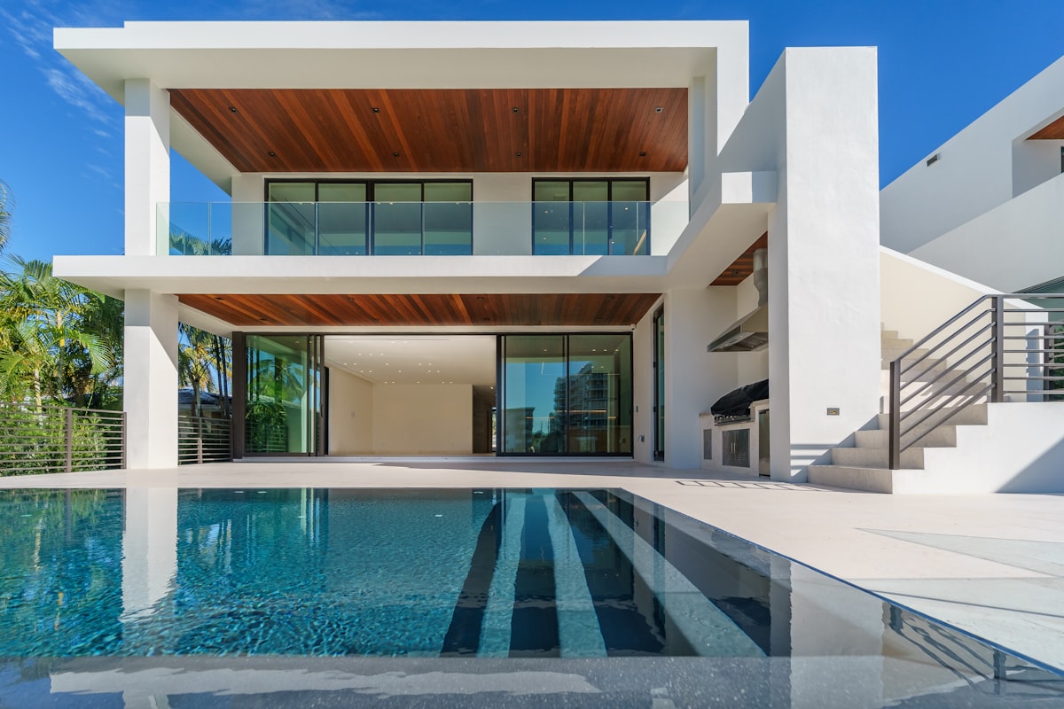 Modern residential building in white and brown tones